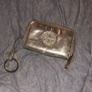 Gold tory burch small wallet with keychain